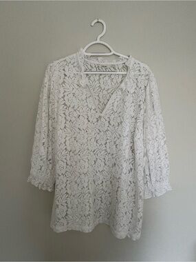 Cream Lace V-Neck Top – Size 42 (Large) Bohemian Chic Blouse